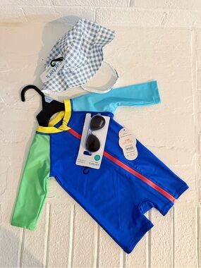 Carter's Bright Blue Colorblock Baby Sunsuit with Hat and Sunglasses